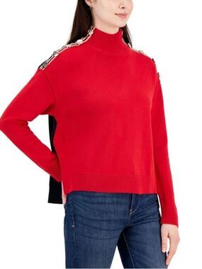 Tommy Hilfiger Mock Neck Red Navy Gold Button Detail Side Slits Sz S